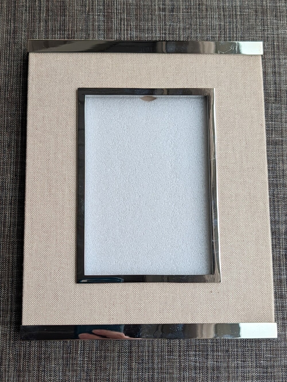 POTTERY BARN linen and chrome picture frame 4x6